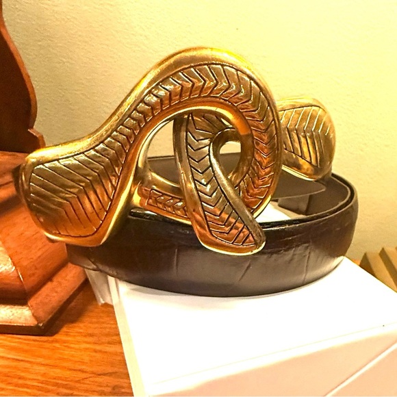 Chico's Gold and Brown Crocodile Embossed Leather 1”Belt Size M/L - Picture 3 of 7